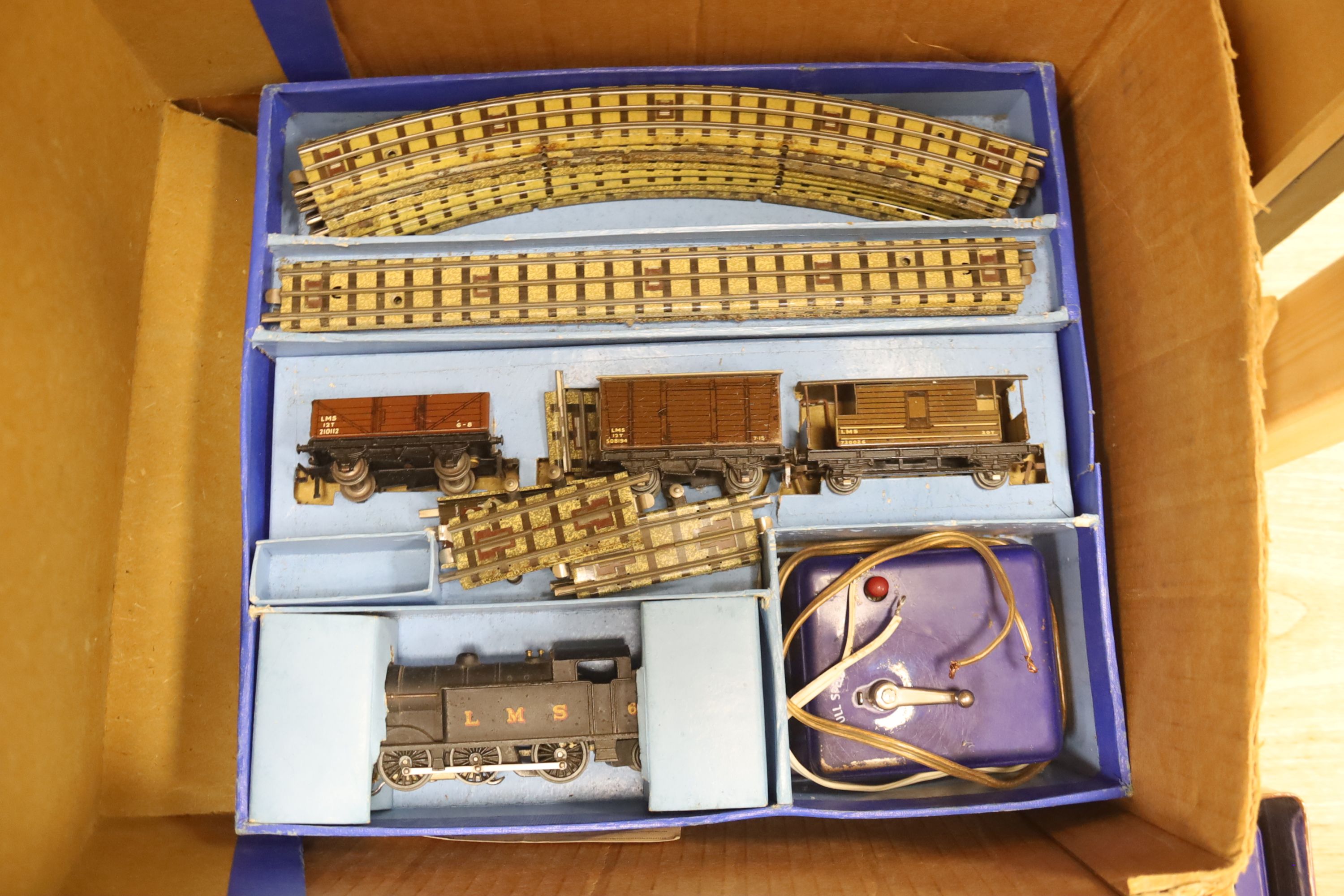 A Hornby Dublo EDG7 tank goods train set, an EDL 18 2-6-4 tank locomotive boxed, one other locomotive and accessories